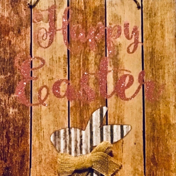 NWT Wood Happy Easter Door Sign with Pink Glitter Bunny with Easter Eggs - Picture 2 of 2